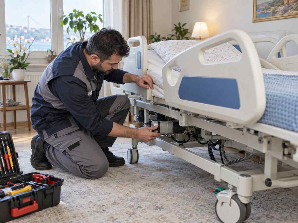 İzmir’de motorlu hasta yatağı teknik servisi sırasında motor ve mekanizma kontrolü